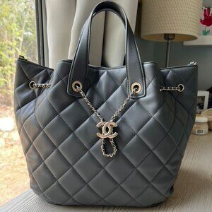 Chanel lambskin quilted CC Dweller Drawstring Tote Medium Grey